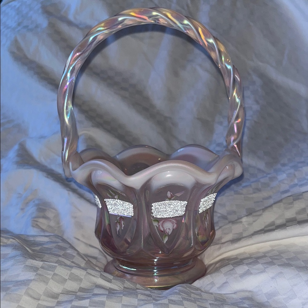 Fenton Iridescent Glass Basket with Twisted Handle